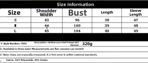 Size chart for crochet lace-up top with bust, length, and sleeve measurements in cm
