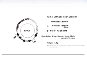 Detail view of titanium steel cubic charm bracelet with beads and measurement specifications
