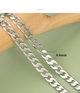 Close-up of 6.6mm wide flat oval link chain in polished silver finish for DIY jewelry