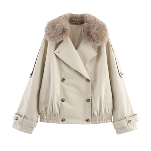 Women Elegant Short Waterproof Jacket With Faux Fur Collar Lapel Solid Color Fashion Bomber Outerwear Chic Casual