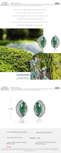 Macro shot of marquise-cut green moss agate earrings set in S925 sterling silver