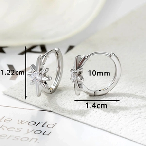 Elegant silver star hoop earrings with clear gemstones and 1.22cm size details