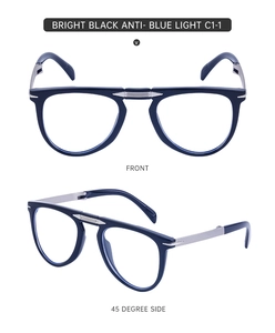 Front and 45-degree side views of foldable bright black anti-blue light glasses