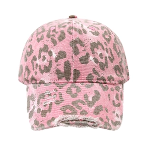Pink leopard print baseball cap with distressed brim and vintage washed cotton finish