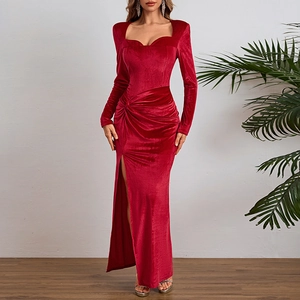 Elegant red velvet long-sleeved evening dress with deep V-neck and high side slit