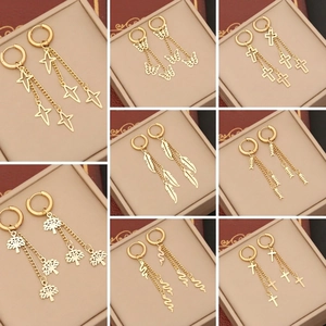 Stainless Steel Tassel Dangle Hoop Earrings For Women Gold Plated Butterfly Cross Snake Star Charms Personality Jewelry