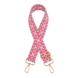 Adjustable pink and beige diamond pattern wide shoulder strap with gold metal hooks