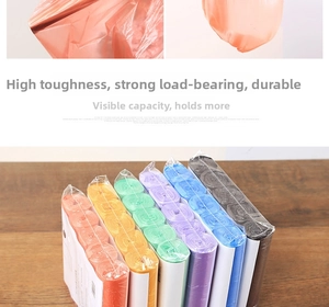 Close-up of colorful thick trash bag rolls showing high toughness and tear resistance