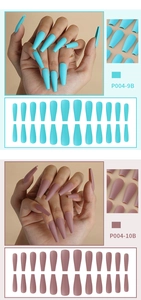 Detail view of long coffin matte press-on nails in sky blue and smoky pink colors