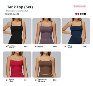 Detail view of five yoga camisole sets in black, purple, blue, red, and chocolate brown