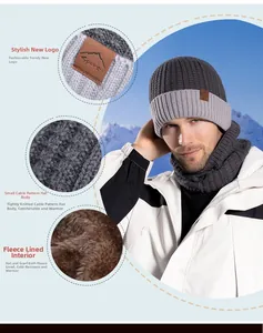 Detail view of men's winter knit beanie and neck warmer set with warm fleece lining