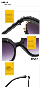 Detail view of reinforced hinges, ergonomic nose pads, and curved temples on sunglasses