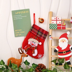 Detail of a red Christmas stocking featuring a snowman design with a festive background