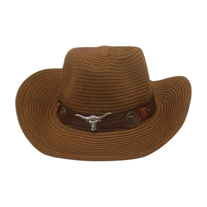 Chapeau de cow-boy tissé marron avec charme de tête de taureau en métal et cuir