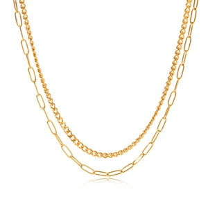Detail of 18K gold-plated double-layer necklace with twist and oval link chains