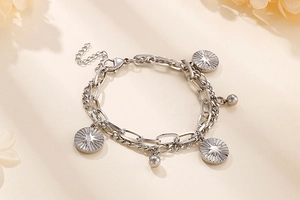 Silver double-layer titanium steel bracelet with starburst coin pendants and round beads