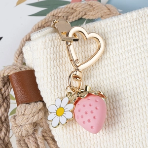 Close-up of strawberry and daisy charms on heart-shaped clip hanging on a knit bag