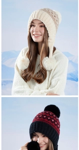 Close-up of Fair Isle knit winter hat with warm fleece lining and decorative pompoms