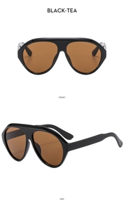 Front and side views of large frame aviator sunglasses in black and tea lens colors