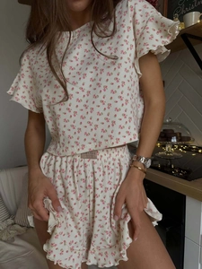 Haut De Pyjama Et Short Pour Femmes Imprimé Fleuri Maille Gofre Manches Courtes Vêtements De Détente