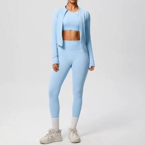 Three-piece light blue yoga set with zipper jacket, slim crop top and high waist leggings