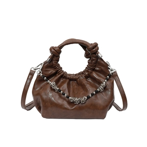 Brown ruched cloud bag with braided bead chain and knot handle for women