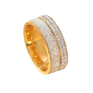 Elegant gold-plated stainless steel ring with rectangular zircon and double pavé diamond rows