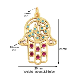 Golden Hamsa hand lucky amulet pendant with colorful zircon stones and hollow design