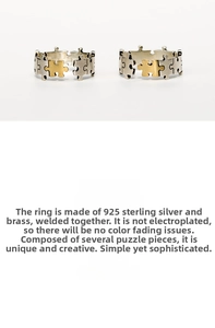 Detail of 925 sterling silver and brass puzzle rings showing welded construction