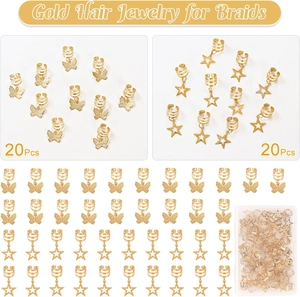 40Pcs gold dreadlock hair accessories set with butterfly and star charms in a storage box