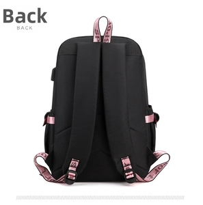 Detail of backpack back with thick padded shoulder straps and pink Sport lettering