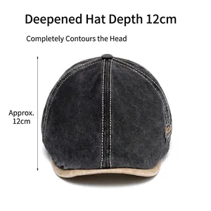 Vintage dark gray washed cotton flat cap with contrast stitching and 12cm deep crown