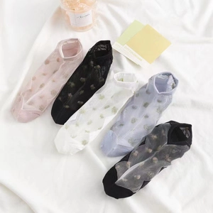 Five pairs of sheer crystal silk socks with floral embroidery in pastel colors for women