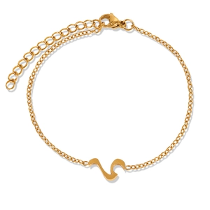 Close-up of 18k gold plated titanium steel bracelet with wave charm and lobster clasp