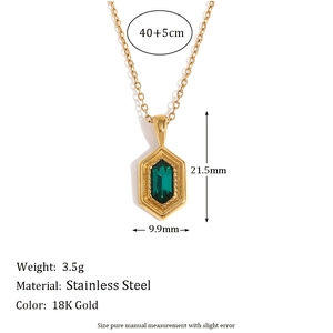 18K gold plated stainless steel necklace featuring a hexagonal green gemstone pendant