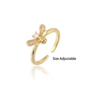 Minimalist adjustable golden bee open ring with white zircon stones and mirror reflection