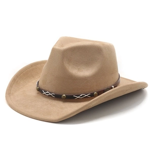 Detail of khaki suede western cowboy hat with studded leather band and stitching