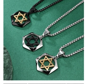 Detailed view of stainless steel hexagonal pendants with star patterns in three metal finishes