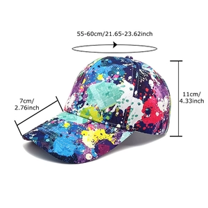 Colorful graffiti baseball cap with splatter print and size guide at 45 degree angle