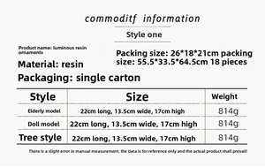 Detailed size and specification chart for resin Christmas musical light-up ornaments