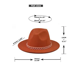 Detailed size guide for orange wool felt fedora showing brim width and hat height