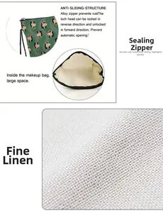 Detail of fine linen makeup bag with unicorn print, sturdy alloy zipper and spacious interior