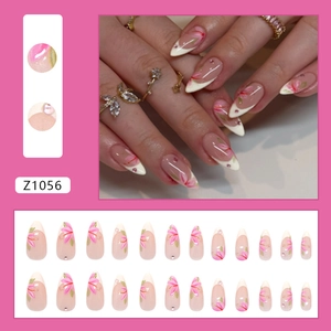 French lily press-on nails with pink floral patterns and sparkling glitter finish