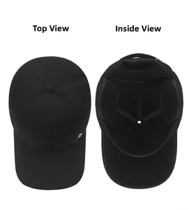 Top and interior view of a black wool winter baseball cap with ear protection flaps
