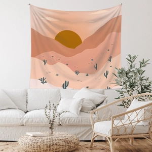 Detailed desert sunset tapestry featuring boho mountains and cacti in a warm cozy room