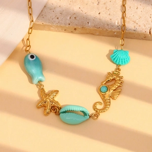 Ocean Theme Pendant Necklace 18K Gold Plated Stainless Steel Seahorse Starfish Shell Fish Summer Beach Jewelry For Women