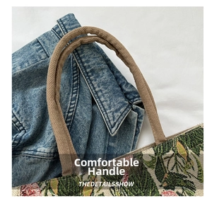 Macro detail of high-density floral jacquard weave and soft rope handles on tote bag