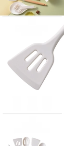 Detailed view of food-grade white silicone utensils heat resistant up to 230 degrees