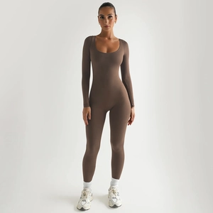 Brown long sleeve high elastic bodysuit with U-neck design for women on gray background