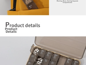 Detail of 21-compartment medicine planner with color-coded daily sections for morning and night